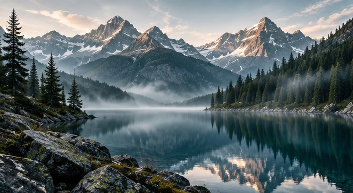 Illustrative mountain lake in a quiet alpine landscape