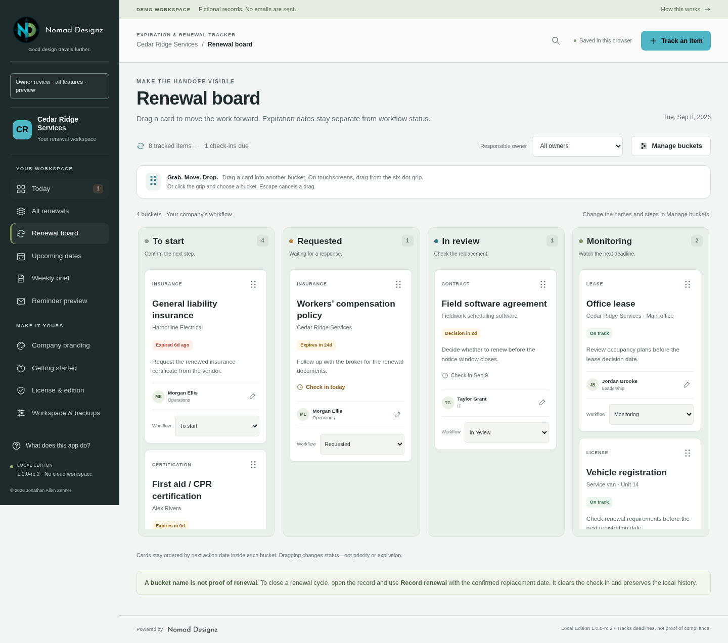 Historical tracker product screenshot with fictional renewal records