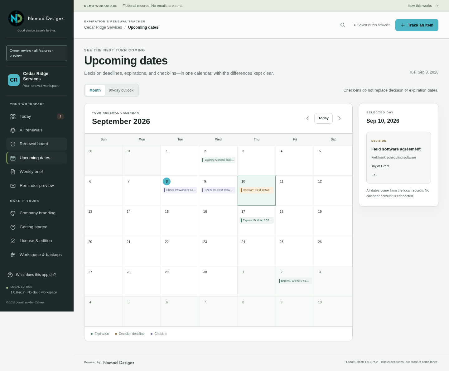 Upcoming dates in the tracker